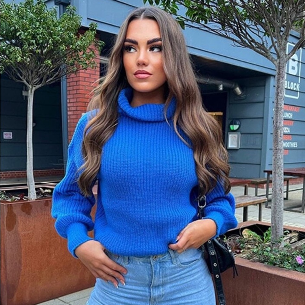 Turtle neck pull over rib knit long sleeve sweater blue - Picture 3 of 15